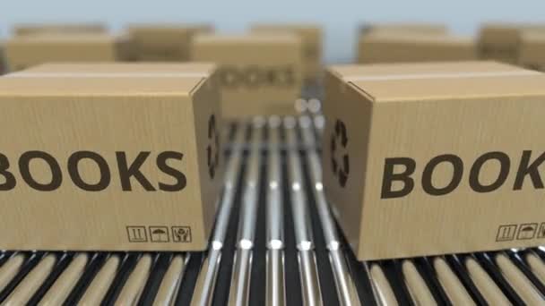 Las cajas de cartón con texto BOOKS se mueven en el transportador de rodillos. Animación 3D realista y loopable — Vídeo de stock