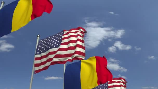 Banderas de Rumania y los EE.UU. en el encuentro internacional, animación 3D loopable — Vídeo de stock