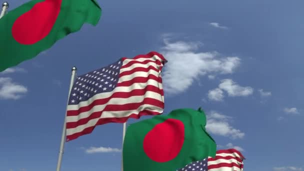 Bandeiras de Bangladesh e dos EUA em reunião internacional, animação 3D loopable — Vídeo de Stock