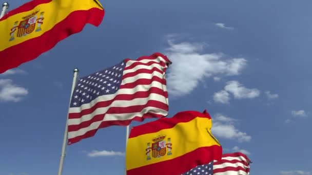 Veel vlaggen van Spanje en de VS, loop bare 3D-animatie — Stockvideo