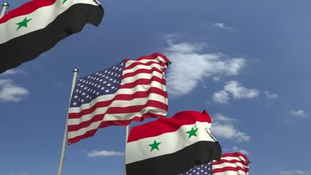 Banderas de Siria y Estados Unidos contra el cielo azul, animación 3D loopable — Vídeo de stock