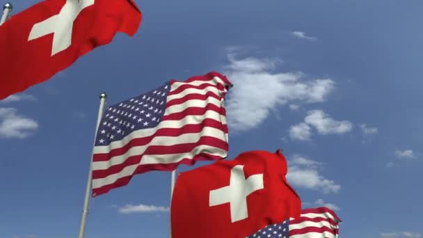 Muchas banderas de Suiza y los EE.UU., animación 3D loopable — Vídeo de stock