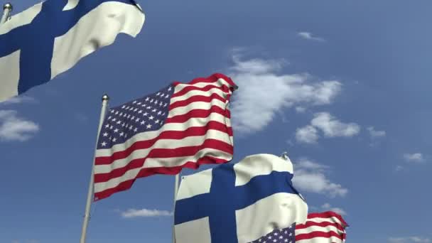 Fila de banderas ondeantes de Finlandia y Estados Unidos, animación 3D loopable — Vídeo de stock