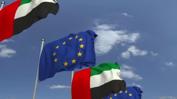 Flaggor i UAE och Europeiska unionen vid internationella möten, loopable 3D animation — Stockvideo