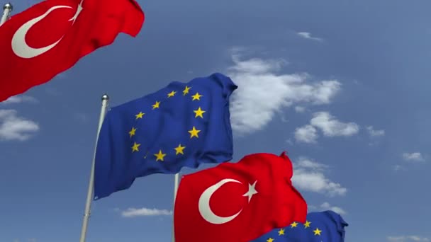 Zwaaiende vlaggen van Turkije en de Europese Unie EU, loop bare 3D-animatie — Stockvideo