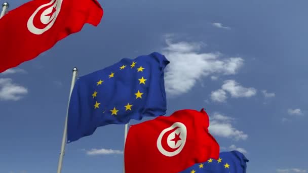 Molte bandiere della Tunisia e dell'Unione europea UE, animazione 3D a scomparsa — Video Stock