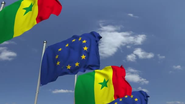 Muchas banderas de Senegal y la Unión Europea Animación 3D loopable — Vídeos de Stock