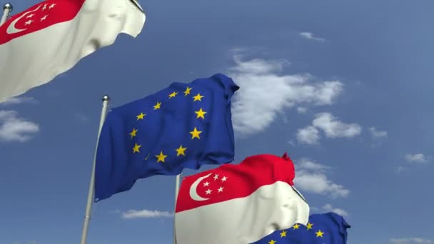 Размахивание флагами Сингапура и Европейского Союза, зацикленная 3D анимация — стоковое видео