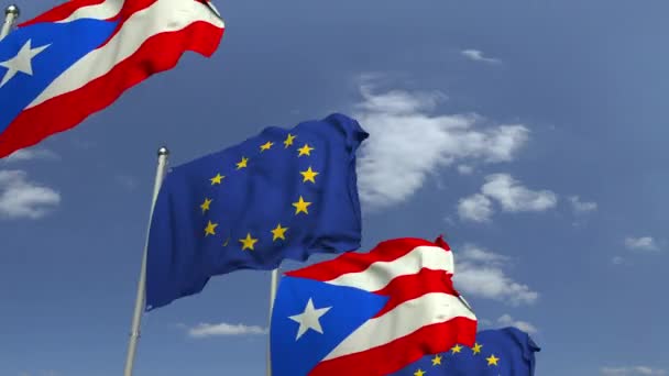 Waving flaggor i Puerto Rico och Europeiska unionen EU, loopable 3D animation — Stockvideo