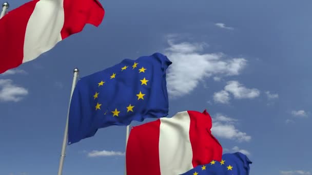 Veel vlaggen van Peru en de Europese Unie, loop bare 3D-animatie — Stockvideo