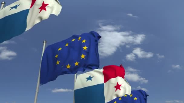 Ряд размахивающих флагами Панамы и Европейского Союза, зацикленная 3D анимация — стоковое видео