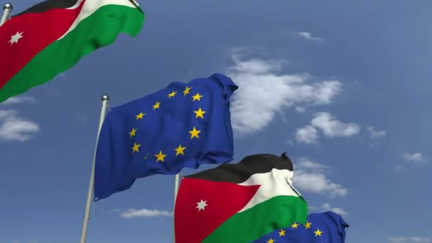 Waving flagi Jordanii i UE na tle nieba, pętli animacji 3D — Wideo stockowe