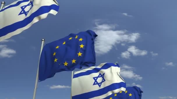 Flags of Israel and the European Union at international meeting, loopable 3D animation — Stock Video