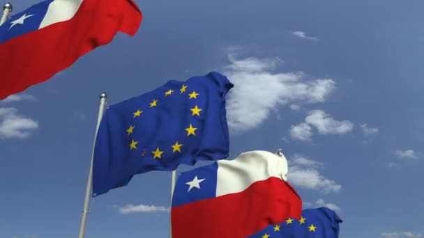 Mnohé vlajky Chile a Evropské unie EU, smyčitelná 3D animace — Stock video