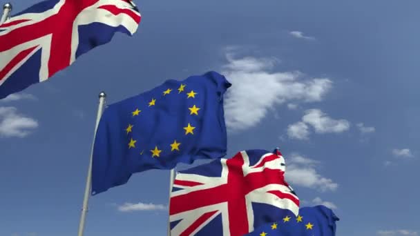 Mávající vlajky Británie a EU na nebeském pozadí, smyklihodné 3D animace — Stock video