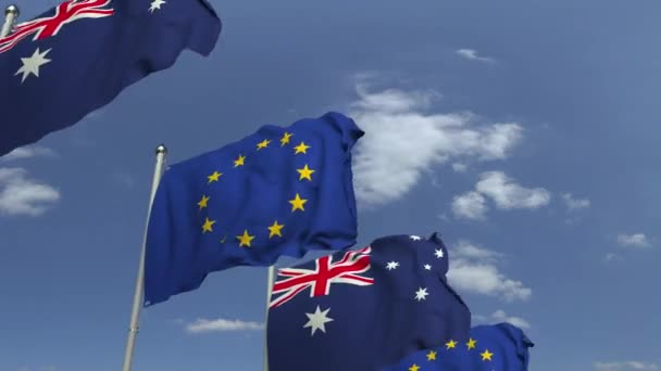Vlaggen van Australië en de Europese Unie op internationale vergadering, loop bare 3D-animatie — Stockvideo