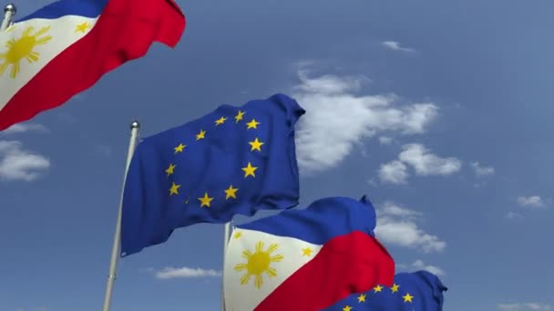 挥舞菲律宾和欧盟欧盟的旗帜，可循环的3D动画 — 图库视频影像