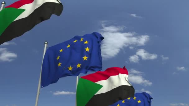 Waving flaggor i Sudan och EU på Sky bakgrund, loopable 3D animation — Stockvideo