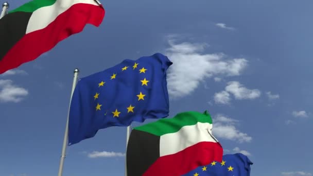 Флаги Кувейта и Европейского Союза на международной встрече, зацикленная 3D анимация — стоковое видео