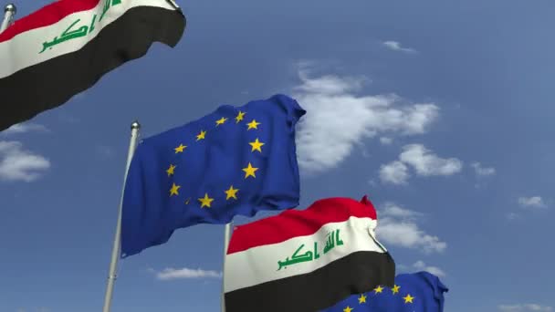 Vlajky Iráku a Evropské unie na mezinárodní schůzce, smyklihodné 3D animace — Stock video