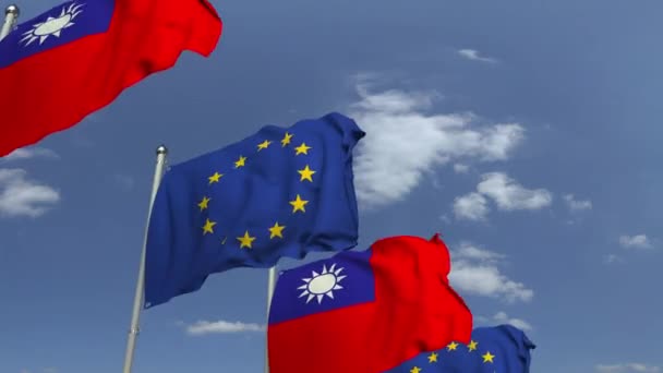 Ряд размахивания флагами Тайваня и Европейского Союза, зацикленная 3D анимация — стоковое видео