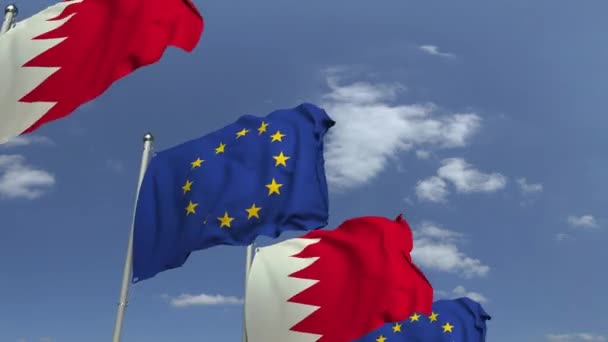 Rij van zwaaiende vlaggen van Bahrein en de Europese Unie EU, loop bare 3D-animatie — Stockvideo