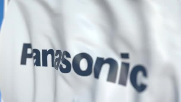 Acenando bandeira com logotipo da Panasonic Corporation, close-up. Editorial loopable animação 3D — Vídeo de Stock