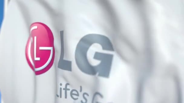 LG 상사 로고와 함께 깃발을 흔들며 클로즈업. 에디토리얼 루프 가능 3D 애니메이션 — 비디오