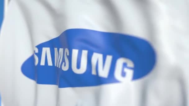Розмахуючи прапором з логотипом Samsung, Крупний план. Редакційна анімація 3D-анімації — стокове відео