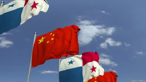 Fila de banderas ondeantes de Panamá y China, animación 3D loopable — Vídeos de Stock