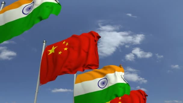 Рядок розмахуючи прапорами Індії та Китаю, що є для 3D-анімації — стокове відео