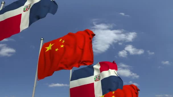 Прапори Домініканської Республіки та Китаю на міжнародній нараді, що є "тривимірною анімацією" — стокове відео