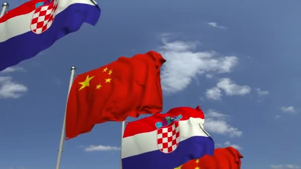 Row of waving flags of Croatia and China, loopable 3D animation — Stock Video