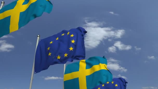 Vele vlaggen van Zweden en de Europese Unie, loop bare 3D-animatie — Stockvideo