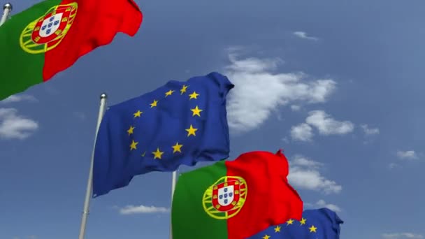 Многие флаги Португалии и Европейского Союза, зацикленная 3D анимация — стоковое видео