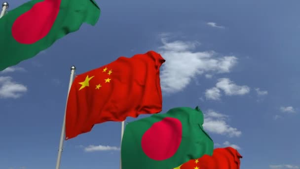 Прапори Бангладеш і Китаю на міжнародній нараді, що не відповідає 3D-анімації — стокове відео