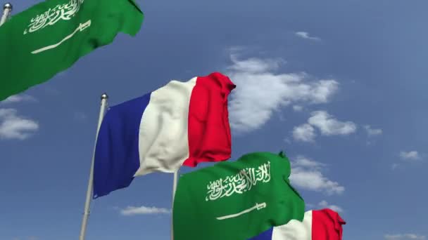 Bandiere dell'Arabia Saudita e della Francia all'incontro internazionale, animazione 3D a scomparsa — Video Stock