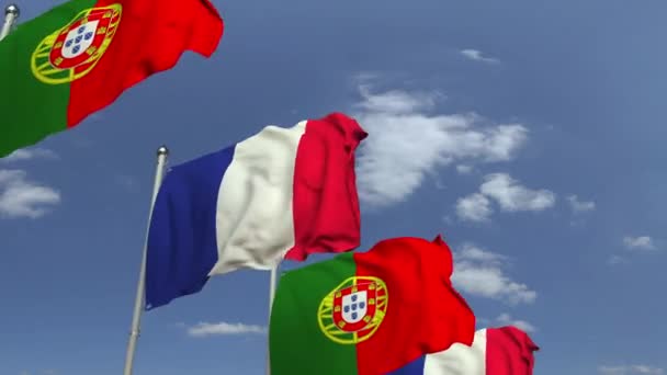 Πολλές σημαίες της Πορτογαλίας και της Γαλλίας, loopable 3D κινούμενα σχέδια — Αρχείο Βίντεο