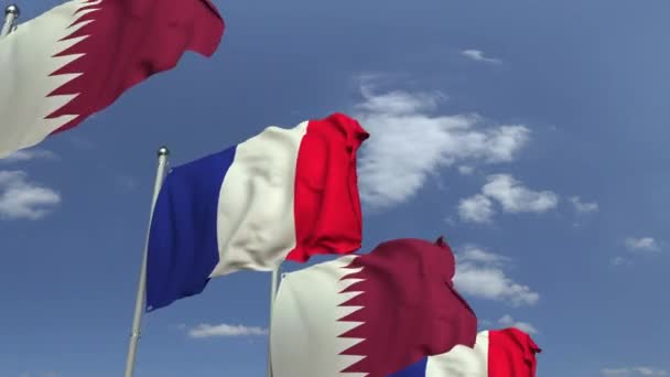 Rij van zwaaiende vlaggen van Qatar en Frankrijk, loop bare 3D-animatie — Stockvideo