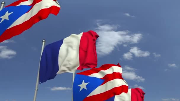 Banderas ondeantes de Puerto Rico y Francia, animación 3D loopable — Vídeos de Stock