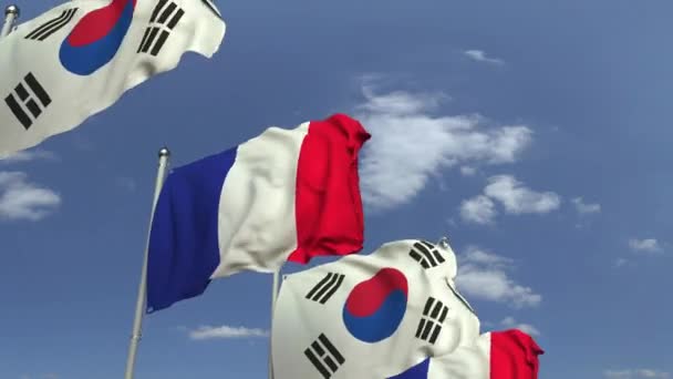 韓国とフランスの多くの旗、ループ可能な3Dアニメーション — ストック動画