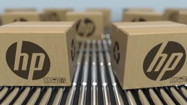 Les boîtes en carton avec logo HP se déplacent sur un convoyeur à rouleaux. Animation 3D en boucle éditoriale — Video