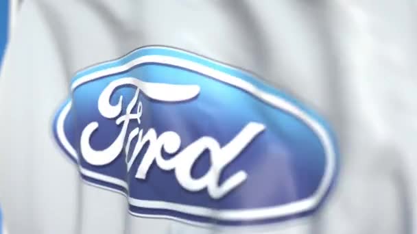 Viftande flagga med Ford Motor Company logo, närbild. Redaktionell loopable 3D-animering — Stockvideo