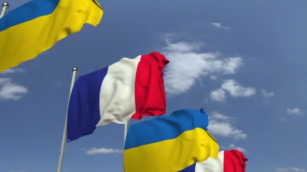 Flaggor i Ukraina och Frankrike på internationella möte, loopable 3D animation — Stockvideo