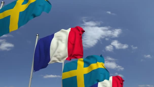 Muchas banderas de Suecia y Francia, animación 3D loopable — Vídeo de stock