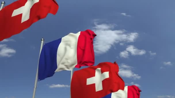 Muchas banderas de Suiza y Francia, animación 3D loopable — Vídeo de stock