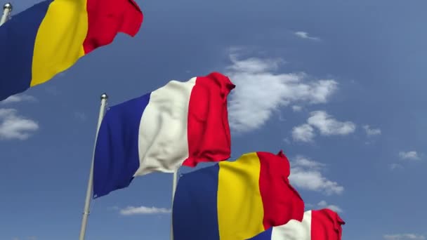 Vlaggen van Roemenië en Frankrijk op internationale vergadering, loop bare 3D-animatie — Stockvideo