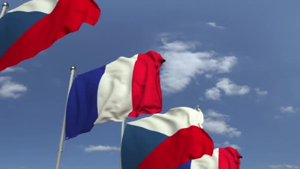 Zwaaiende vlaggen van de Tsjechische Republiek en Frankrijk, loop bare 3D-animatie — Stockvideo