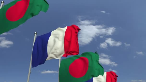 Vlaggen van Bangladesh en Frankrijk op internationale vergadering, loop bare 3D-animatie — Stockvideo