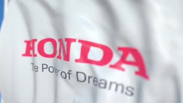 Κυματιστό σημαία με Honda Motor Co., Ltd. λογότυπο, κοντινό. Συντακτικό loopable 3D κινούμενα σχέδια — Αρχείο Βίντεο